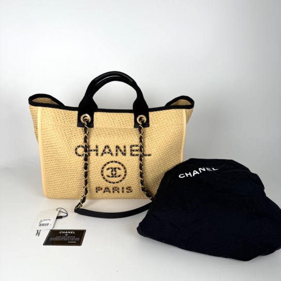 Authentic CHANEL Deauville Straw Raffia Calfskin Beige Large Shopping Tote - Picture 3 of 11
